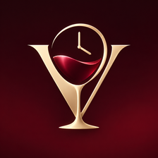 The Vinquando emblem: a golden V shaped like a wine glass, with red wine in the bowl and a clock face above it.